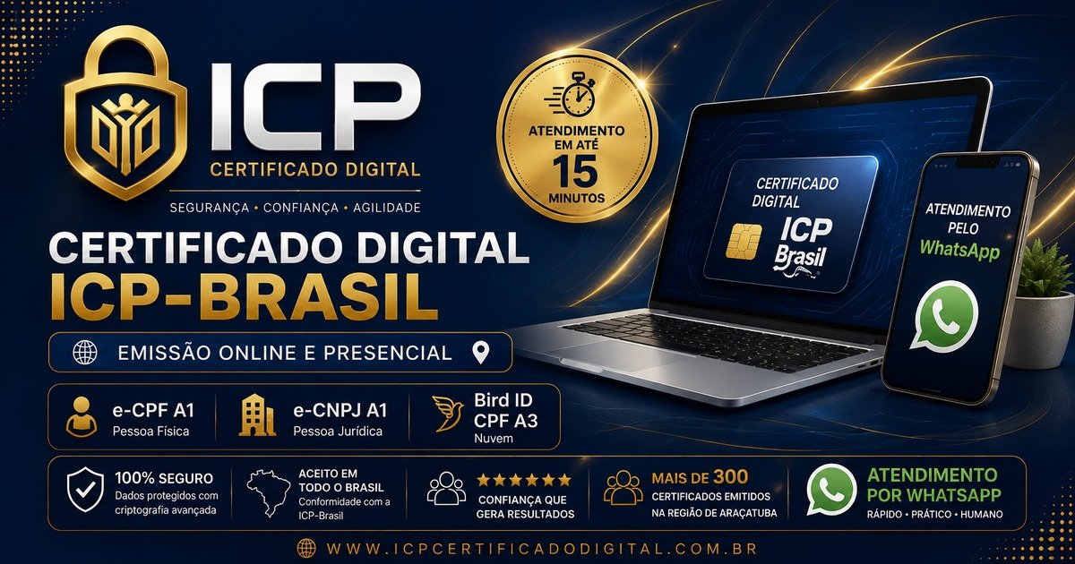 ICP Certificado Digital: certificado digital ICP-Brasil, emissão online e presencial, atendimento em até 15 minutos, e-CPF A1, e-CNPJ A1, Bird ID CPF A3, segurança e atendimento por WhatsApp.